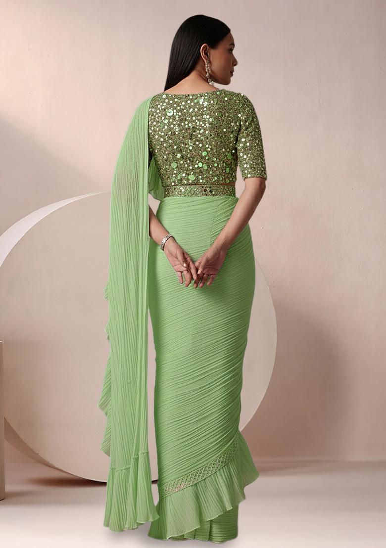 Mint Green Net Ruffle Saree With Sequin Embroidery Blouse - Indya