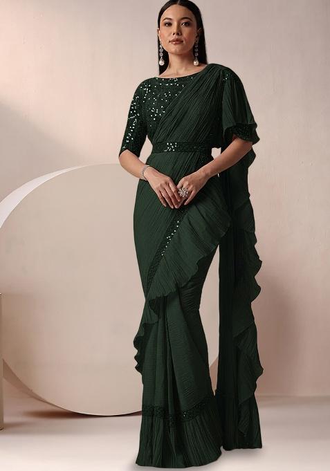Black Net Ruffle Saree With Sequin Embroidery Blouse