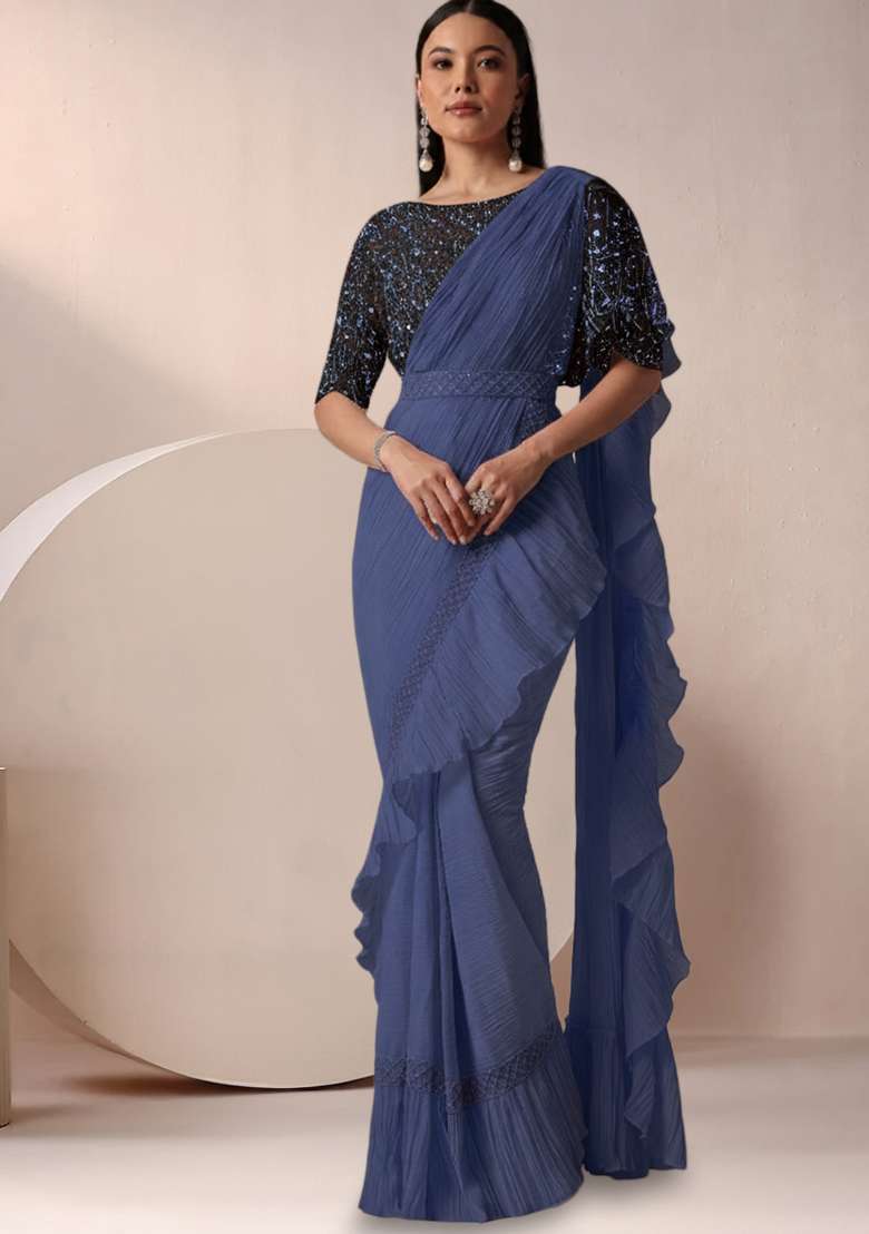 Navy Blue With Blouse Net Saree with Embroidery & Sequin for Diwali | Wedding & Festive Wear - Indya