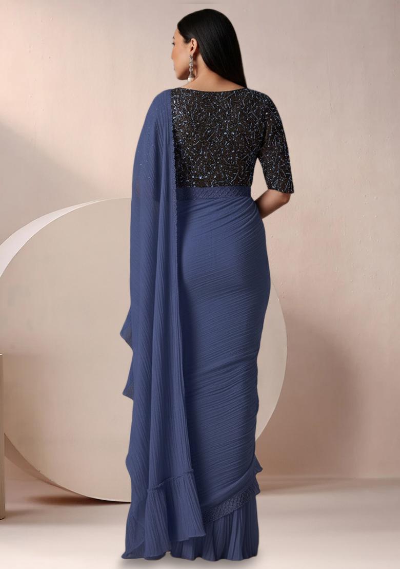 Navy Blue Net Ruffle Saree With Sequin Embroidery Blouse - Indya