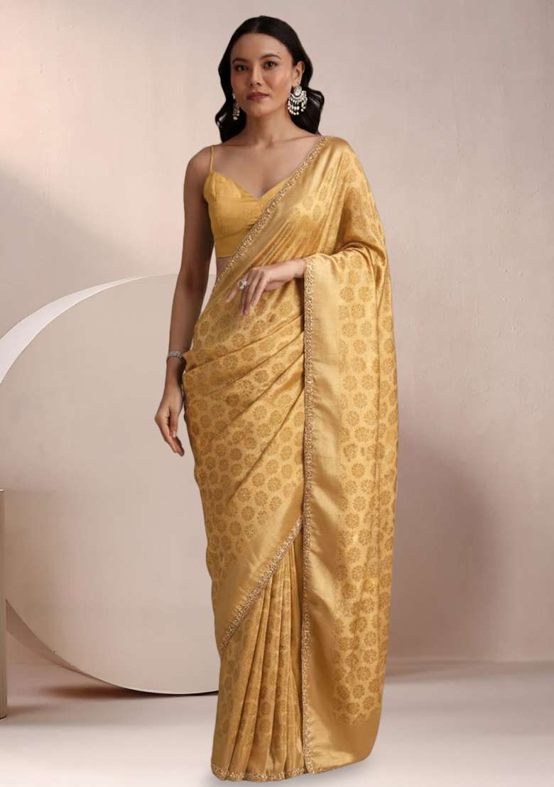 Gold Brocade Pre Draped Saree Set for Diwali and Festive Wear - Indya