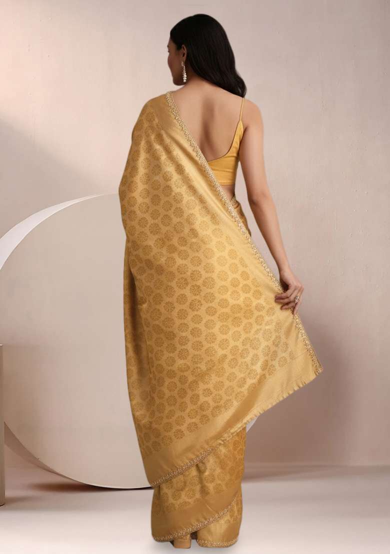 Gold Brocade Pre Draped Saree Set for Diwali and Festive Wear - Indya