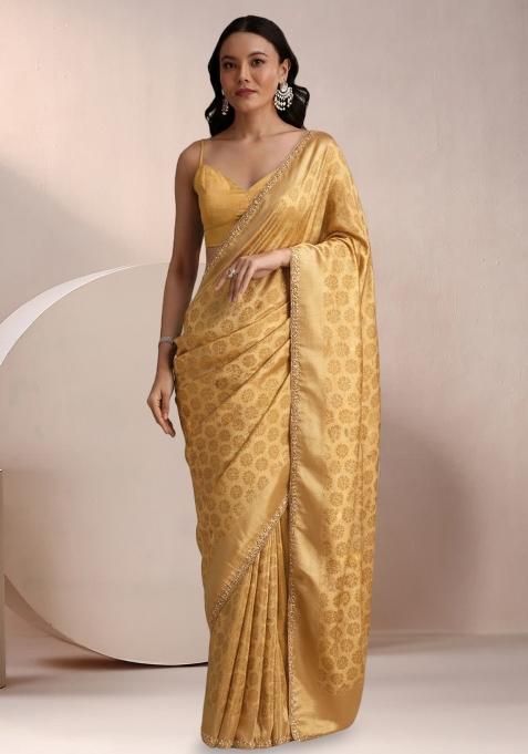Gold Jacquard Brocade Pre Draped Saree Set