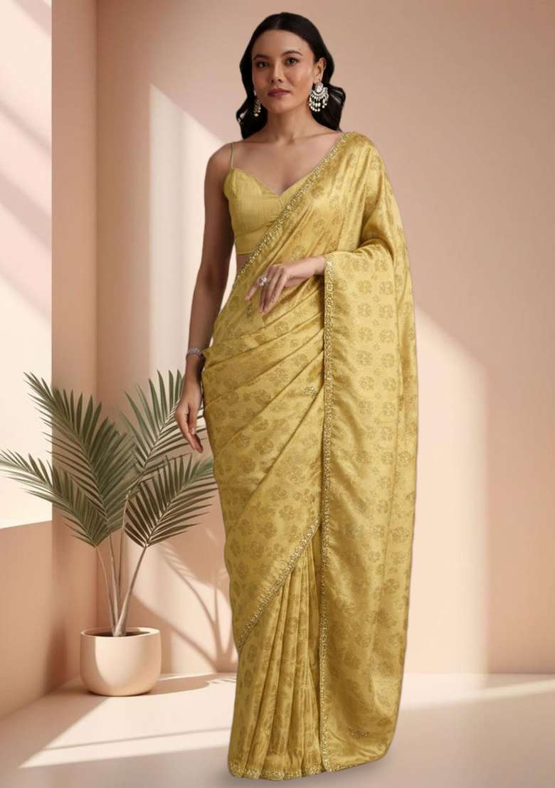 Gold Brocade Pre Draped Saree Set for Diwali and Festive Wear - Indya