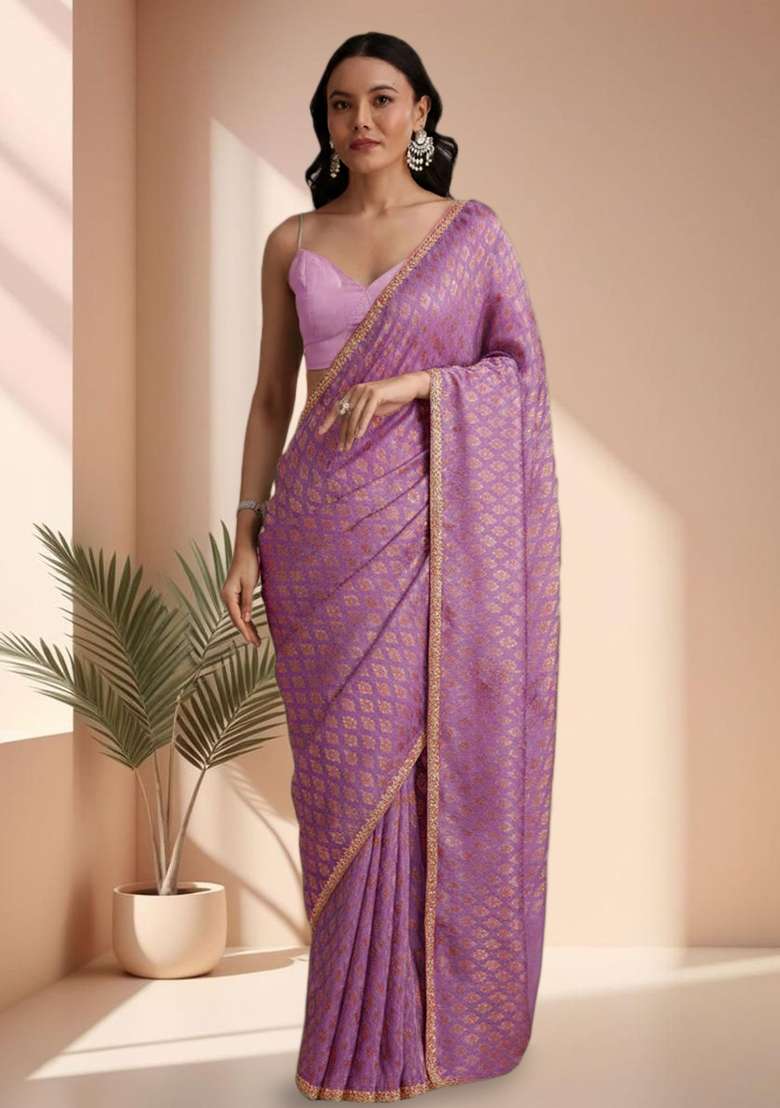 Lavender Jacquard Brocade Pre Draped Saree Set for Diwali and Festive Wear - Indya