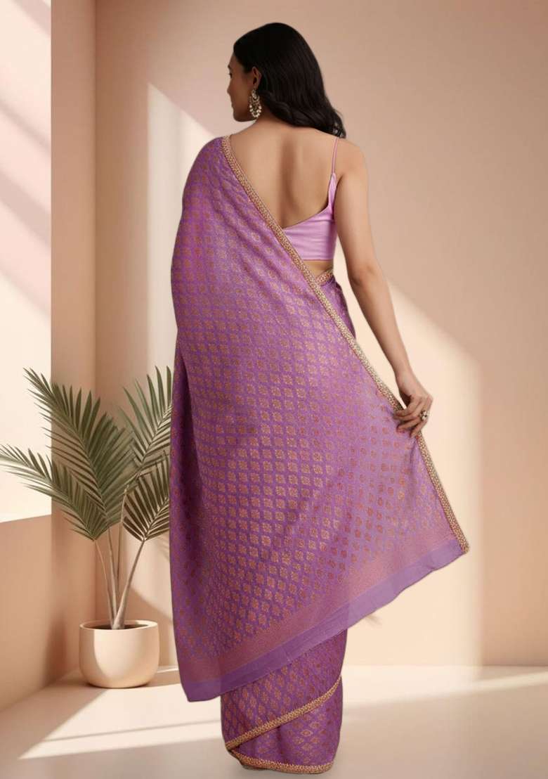Lavender Jacquard Brocade Pre Draped Saree Set for Diwali and Festive Wear - Indya