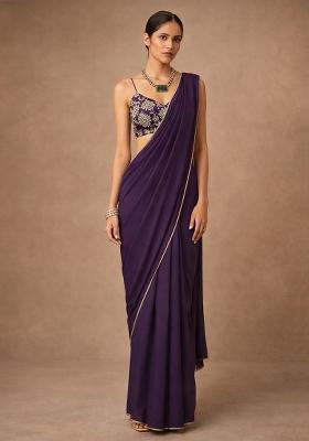 Deep Purple Crepe Pre Draped Saree Set With Embroidered Blouse