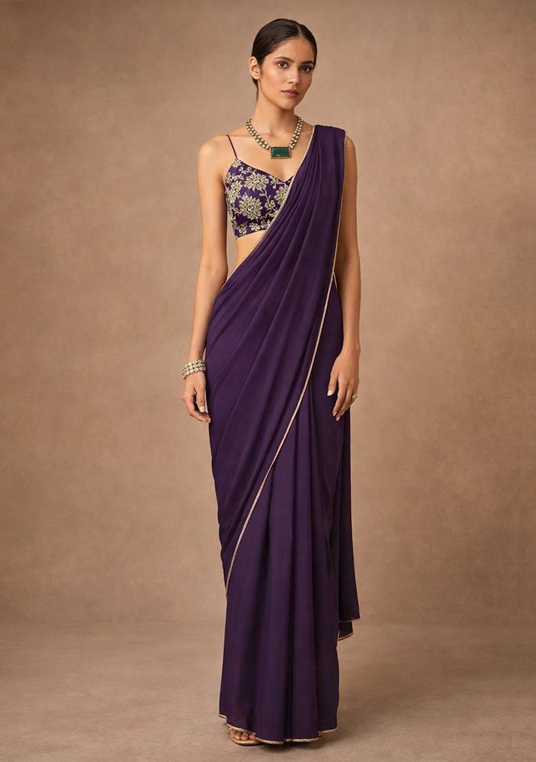 Deep Purple Crepe Pre Draped Saree Set With Embroidered Blouse - Indya