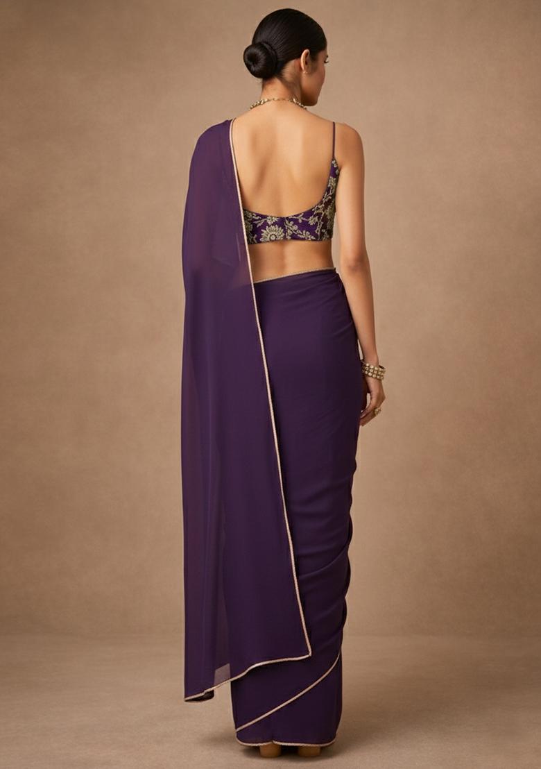 Deep Purple Crepe Pre Draped Saree Set With Embroidered Blouse - Indya
