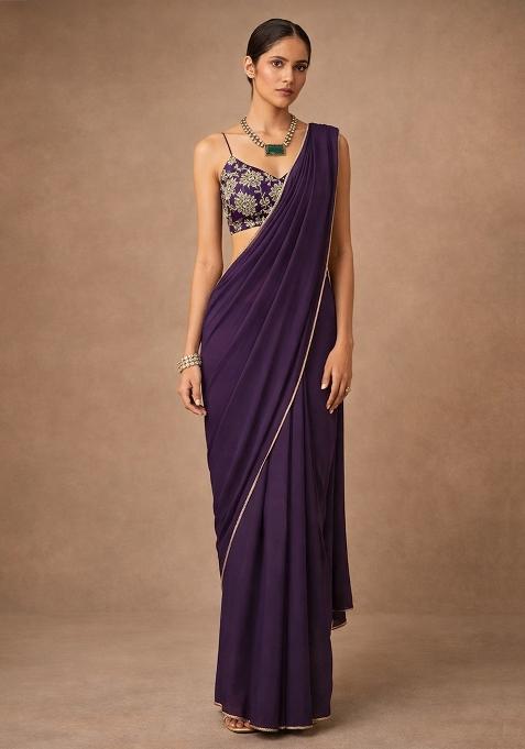 Deep Purple Crepe Pre Draped Saree Set With Embroidered Blouse