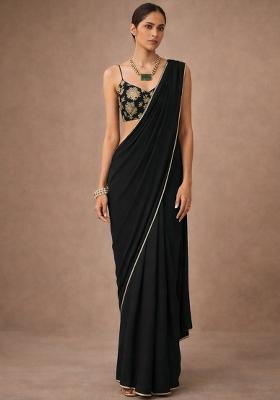 Black Solid Crepe Pre Draped Saree Set