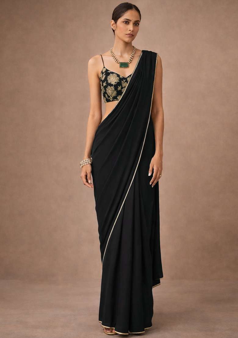Black Solid Crepe Pre Draped Saree Set - Indya
