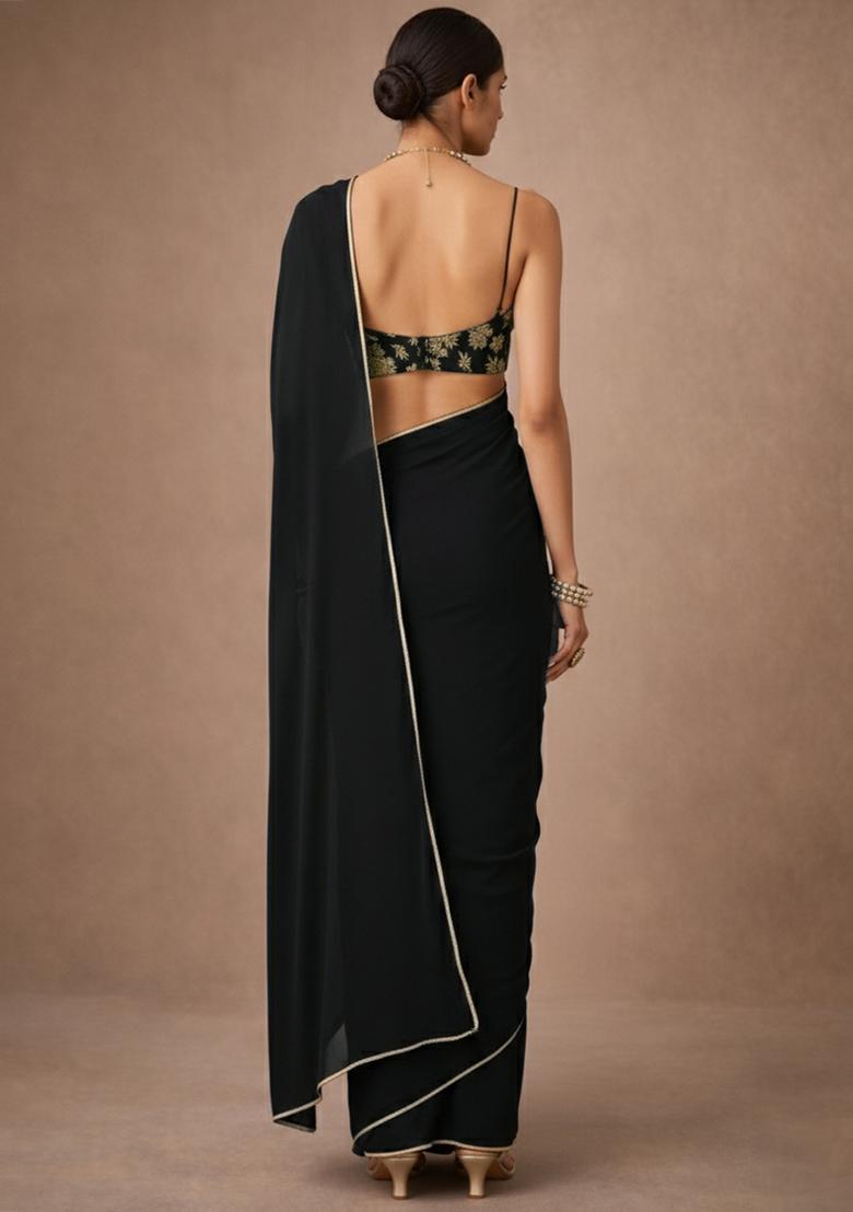 Black Solid Crepe Pre Draped Saree Set - Indya