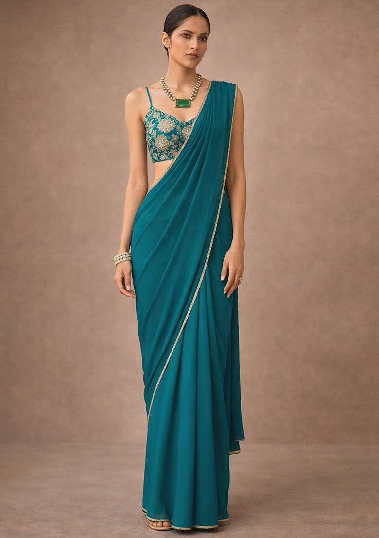 Teal Solid Crepe Pre Draped Saree Set - Indya