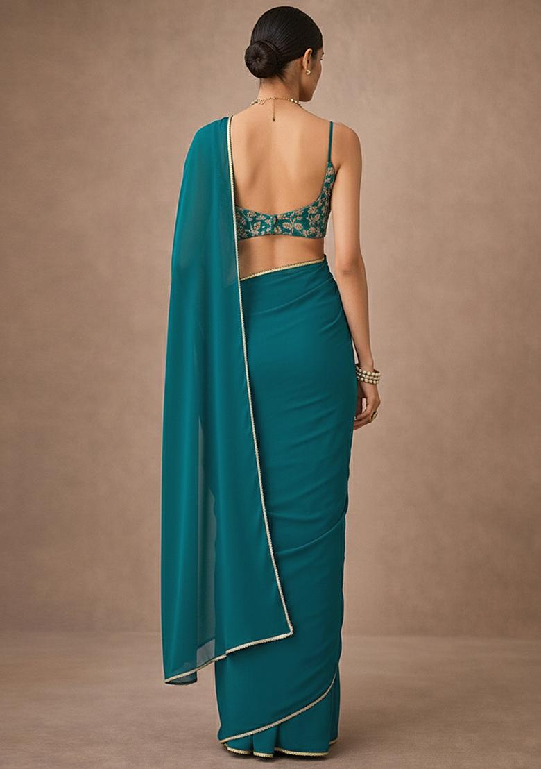 Teal Solid Crepe Pre Draped Saree Set - Indya