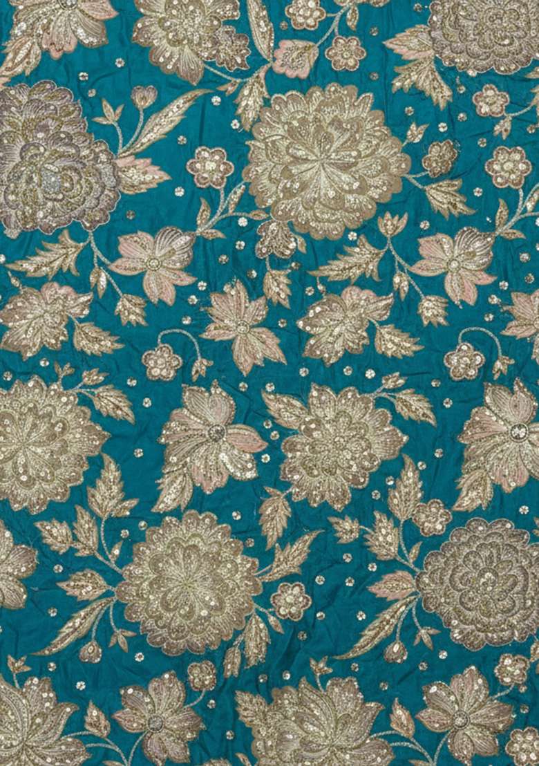 Teal Solid Crepe Pre Draped Saree Set - Indya