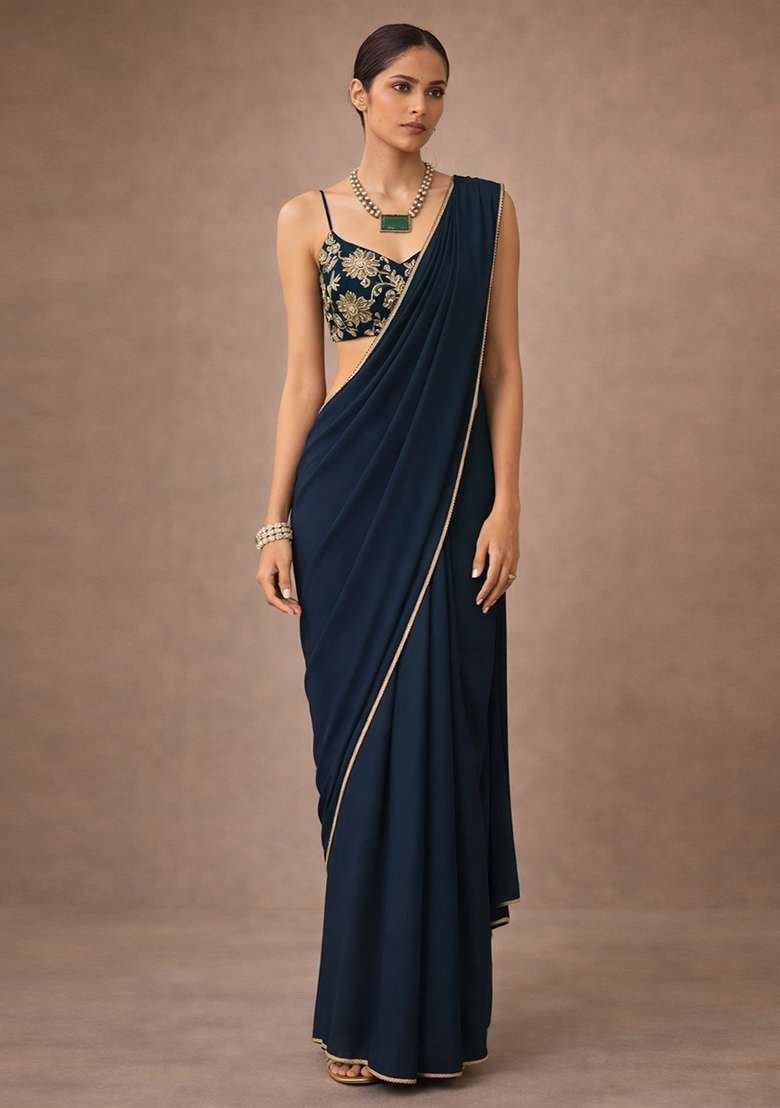 Navy Blue Solid Crepe Pre Draped Saree Set - Indya