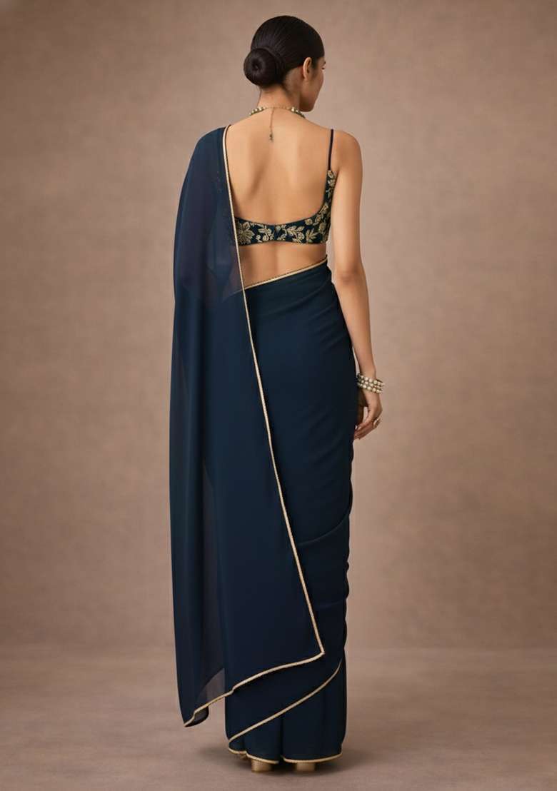 Navy Blue Solid Crepe Pre Draped Saree Set - Indya