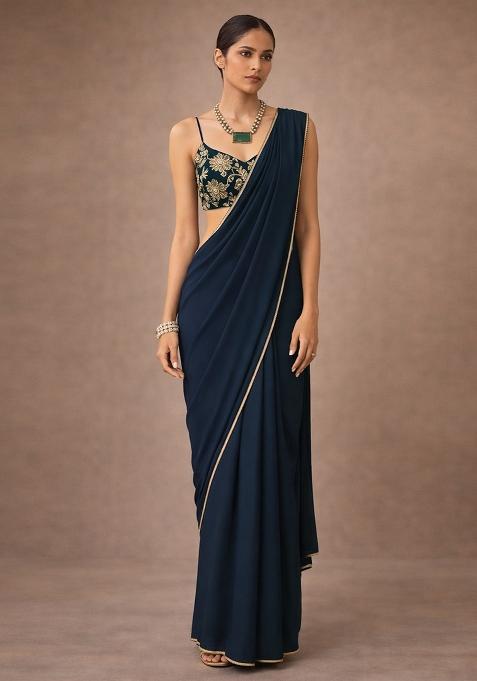 Navy Blue Solid Crepe Pre Draped Saree Set