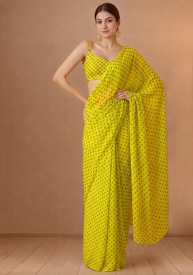Lime Green Printed Organza Pre Draped Saree Set