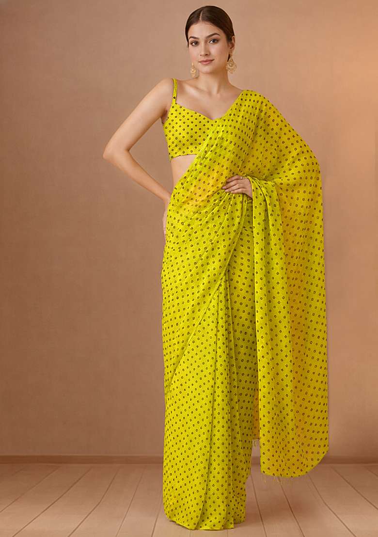Lime Green Printed Organza Pre Draped Saree Set for Diwali and Festive Wear - Indya