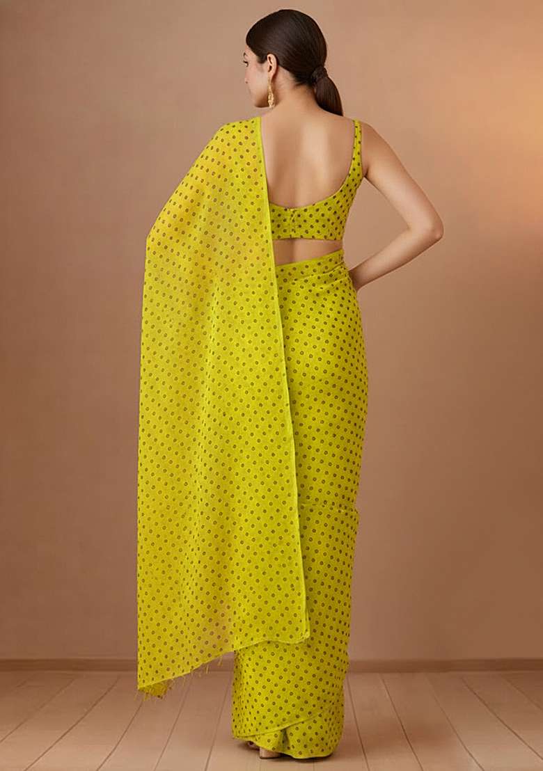 Lime Green Printed Organza Pre Draped Saree Set for Diwali and Festive Wear - Indya
