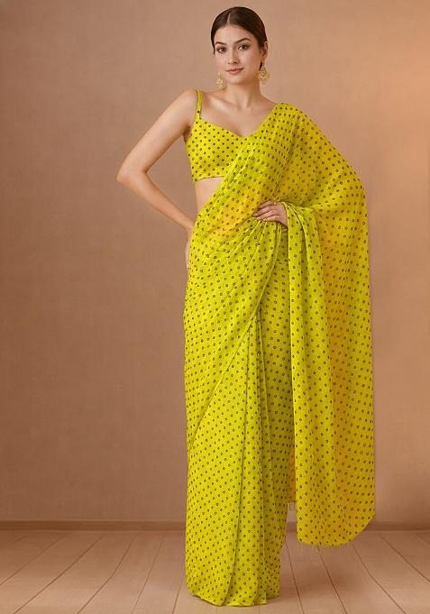 Lime Green Printed Organza Pre Draped Saree Set