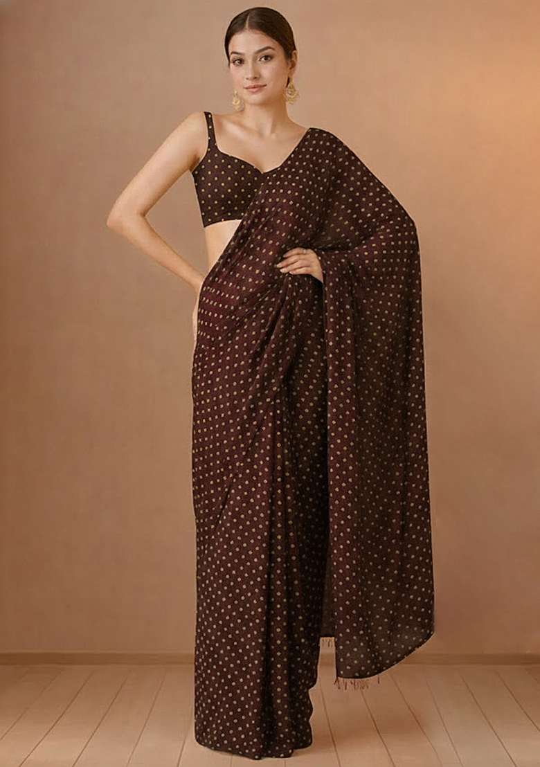 Deep Maroon Organza Pre Draped Saree Set with Printed for Diwali | Wedding & Festive Wear - Indya
