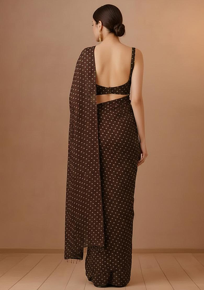 Deep Maroon Printed Organza Pre Draped Saree Set - Indya