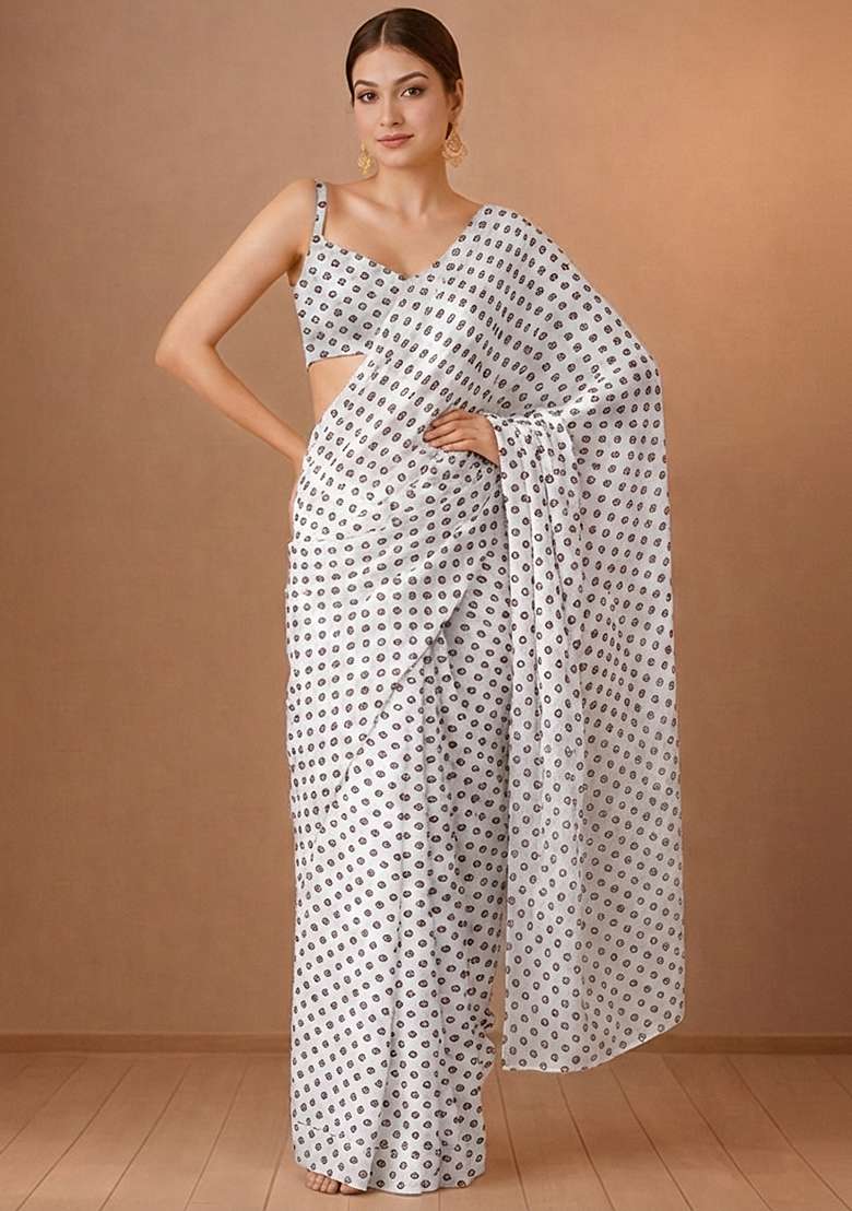 Off-White Georgette Pre Draped Saree Set with Printed for Diwali | Wedding & Festive Wear - Indya