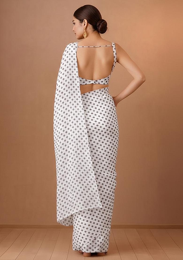 Off-White Printed Georgette Pre Draped Saree Set - Indya