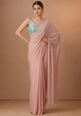 Blush Pink Jacquard Brocade Pre Draped Saree Set