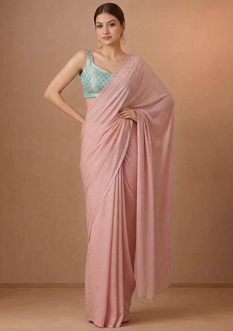 Blush Pink Jacquard Brocade Pre Draped Saree Set for Diwali | Wedding & Festive Wear - Indya