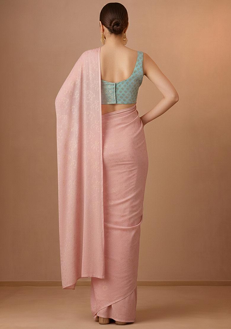 Blush Pink Jacquard Brocade Pre Draped Saree Set - Indya