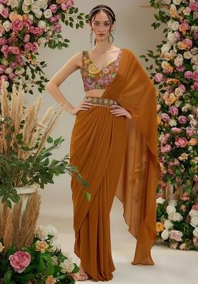 Mustard Floral Print Crepe Pre Drapped Saree Set