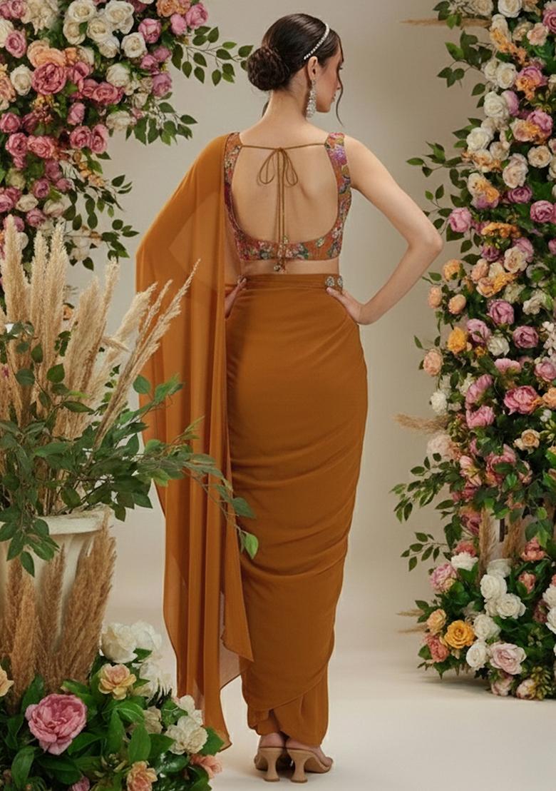 Mustard Floral Print Crepe Pre Drapped Saree Set - Indya