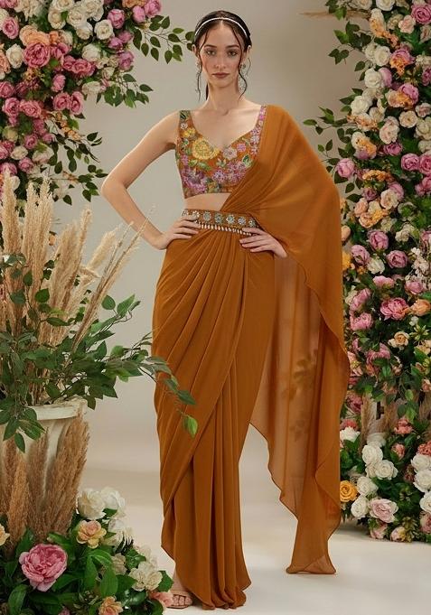 Mustard Floral Print Crepe Pre Drapped Saree Set
