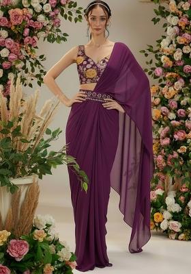 Wine Floral Print Crepe Pre Drapped Saree Set