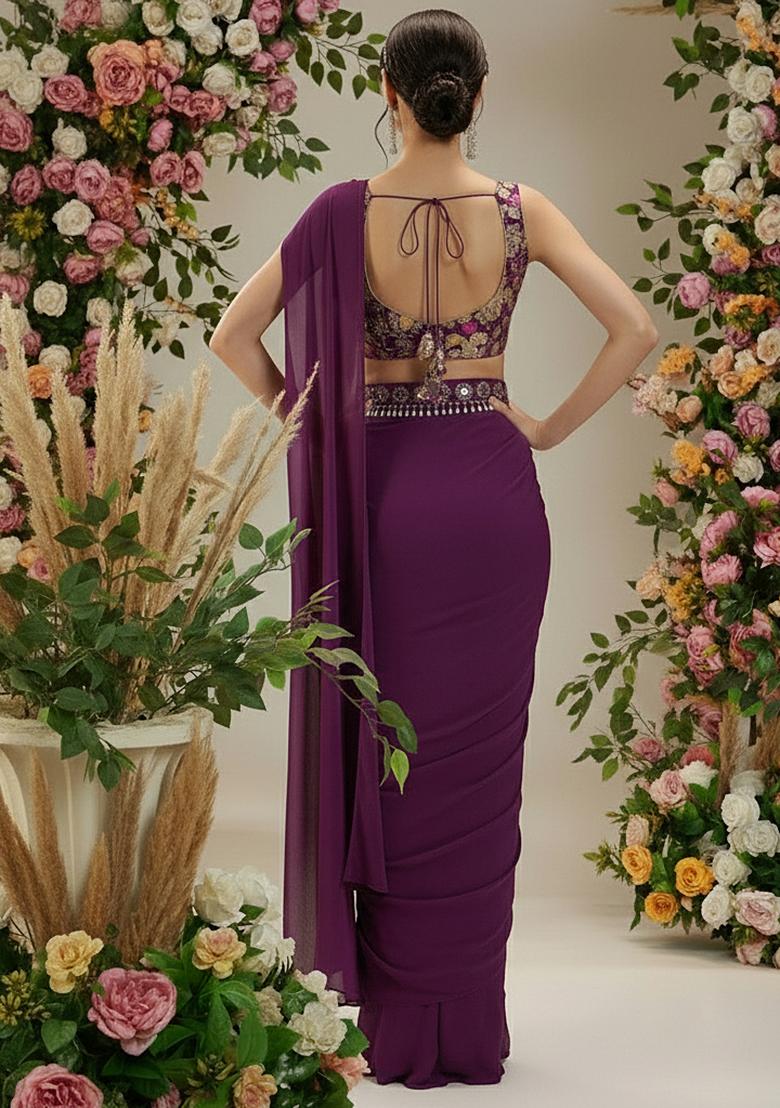 Wine Floral Print Crepe Pre Drapped Saree Set - Indya