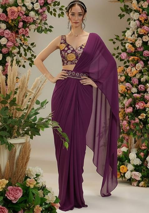 Wine Floral Print Crepe Pre Drapped Saree Set