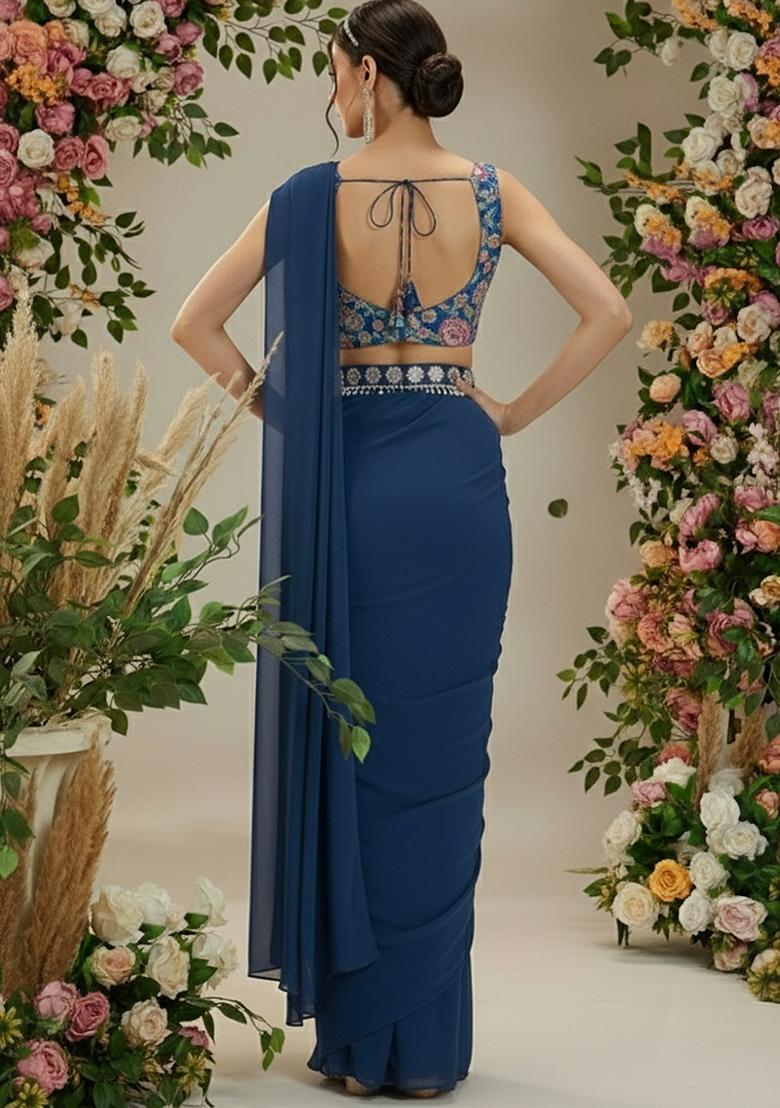 Dark Blue Floral Print Crepe Pre Drapped Saree Set - Indya