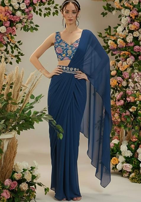 Dark Blue Floral Print Crepe Pre Drapped Saree Set