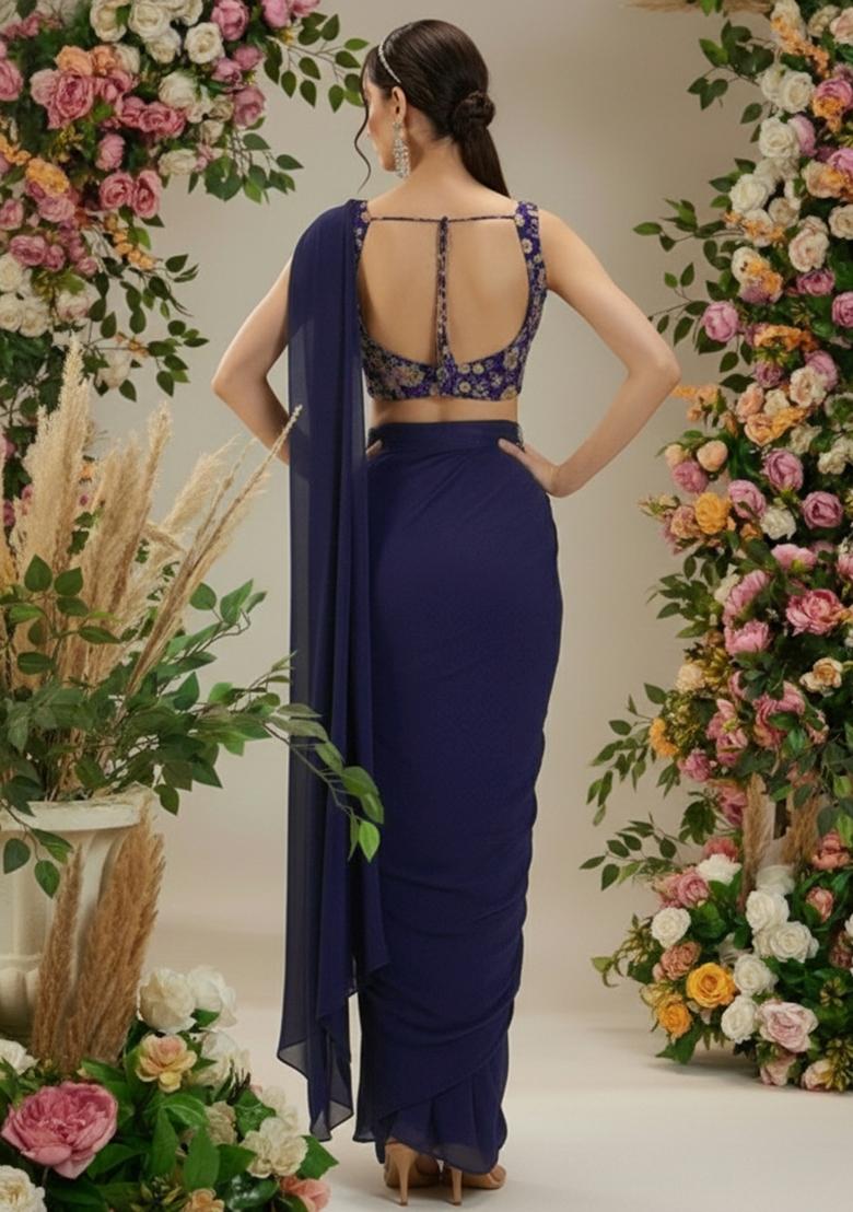 Midnight Blue Floral Print Crepe Pre Drapped Saree Set - Indya