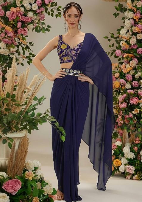 Midnight Blue Floral Print Crepe Pre Drapped Saree Set