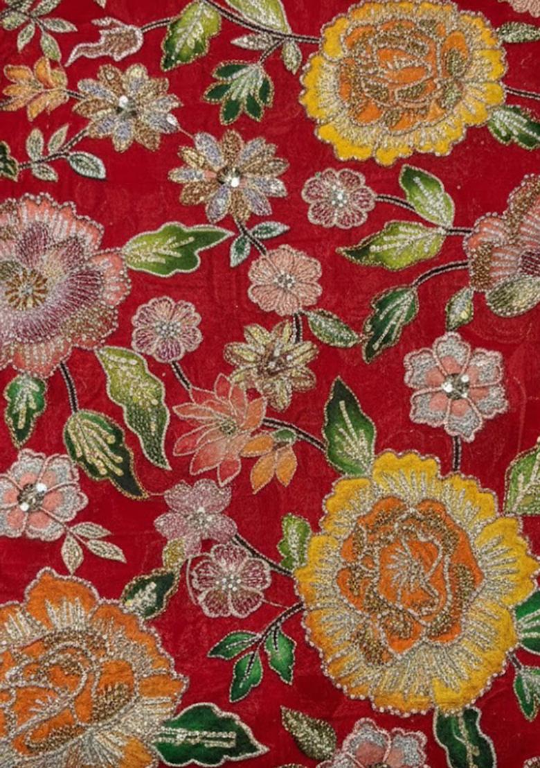 Red Floral Print Crepe Pre Drapped Saree Set - Indya