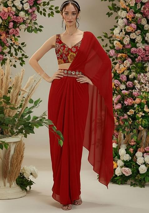 Red Floral Print Crepe Pre Drapped Saree Set