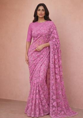 Pink Embroidered Net Pre Drapped Saree Set