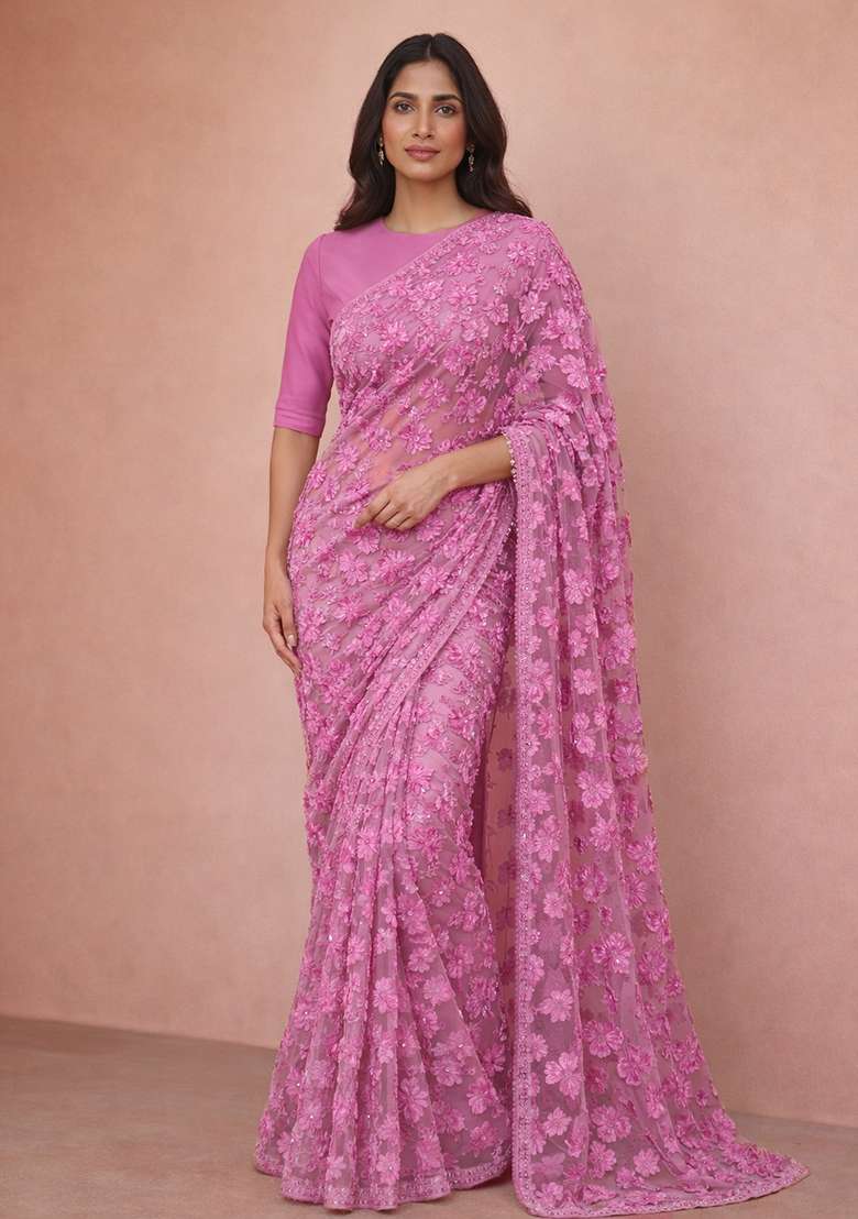 Pink Embroidered Net Pre Drapped Saree Set - Indya