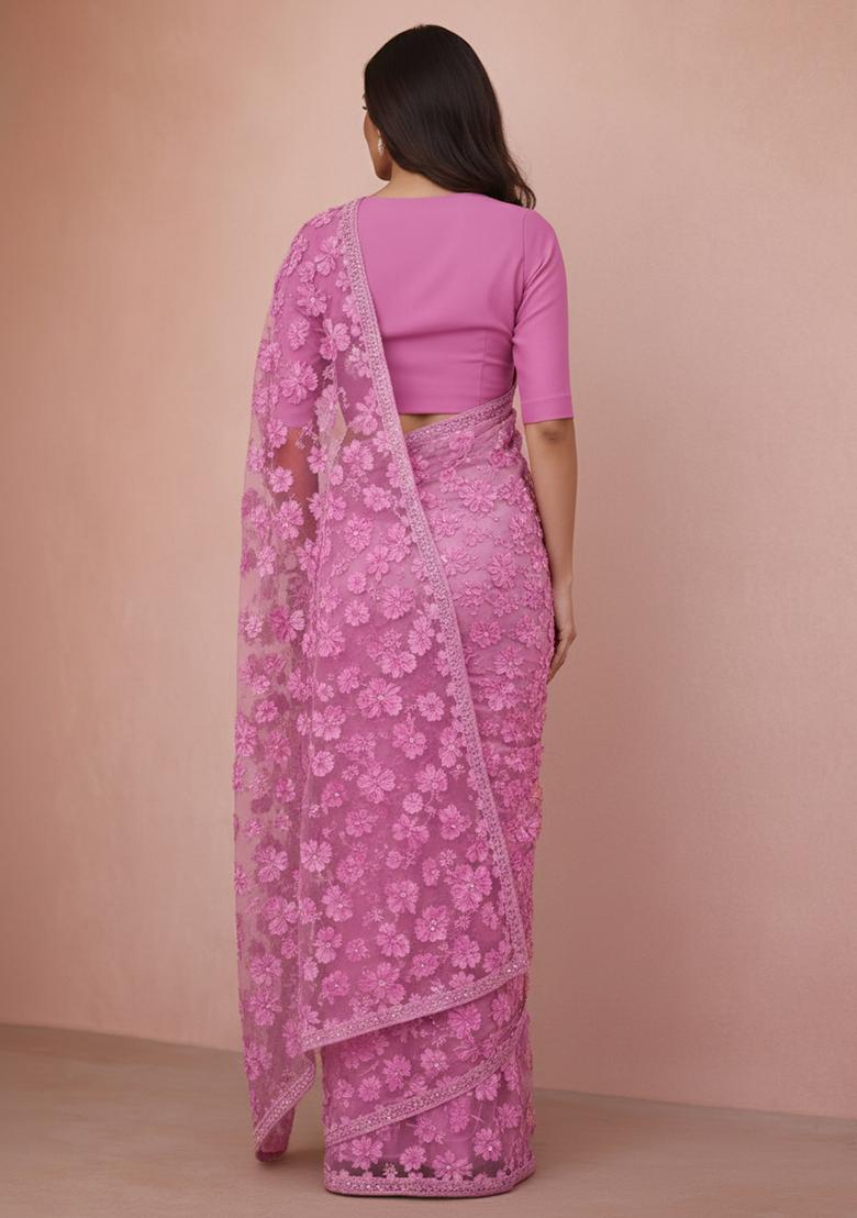 Pink Embroidered Net Pre Drapped Saree Set - Indya