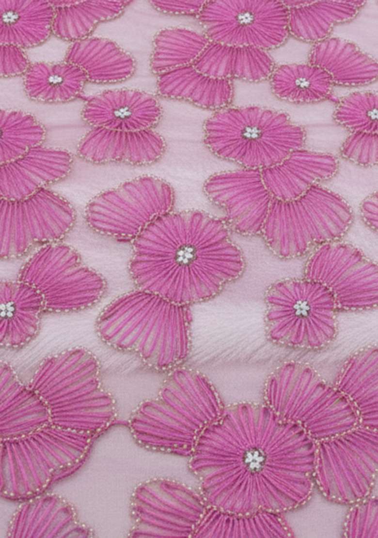 Pink Embroidered Net Pre Drapped Saree Set - Indya